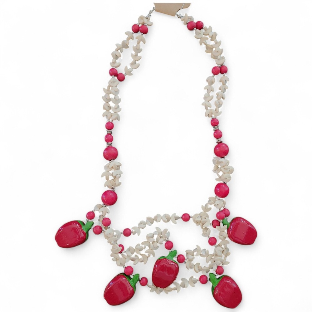 Handmade Multi-Strand Wooden Bead Necklace Red Apple Pendant Teacher Gift Fruit‎